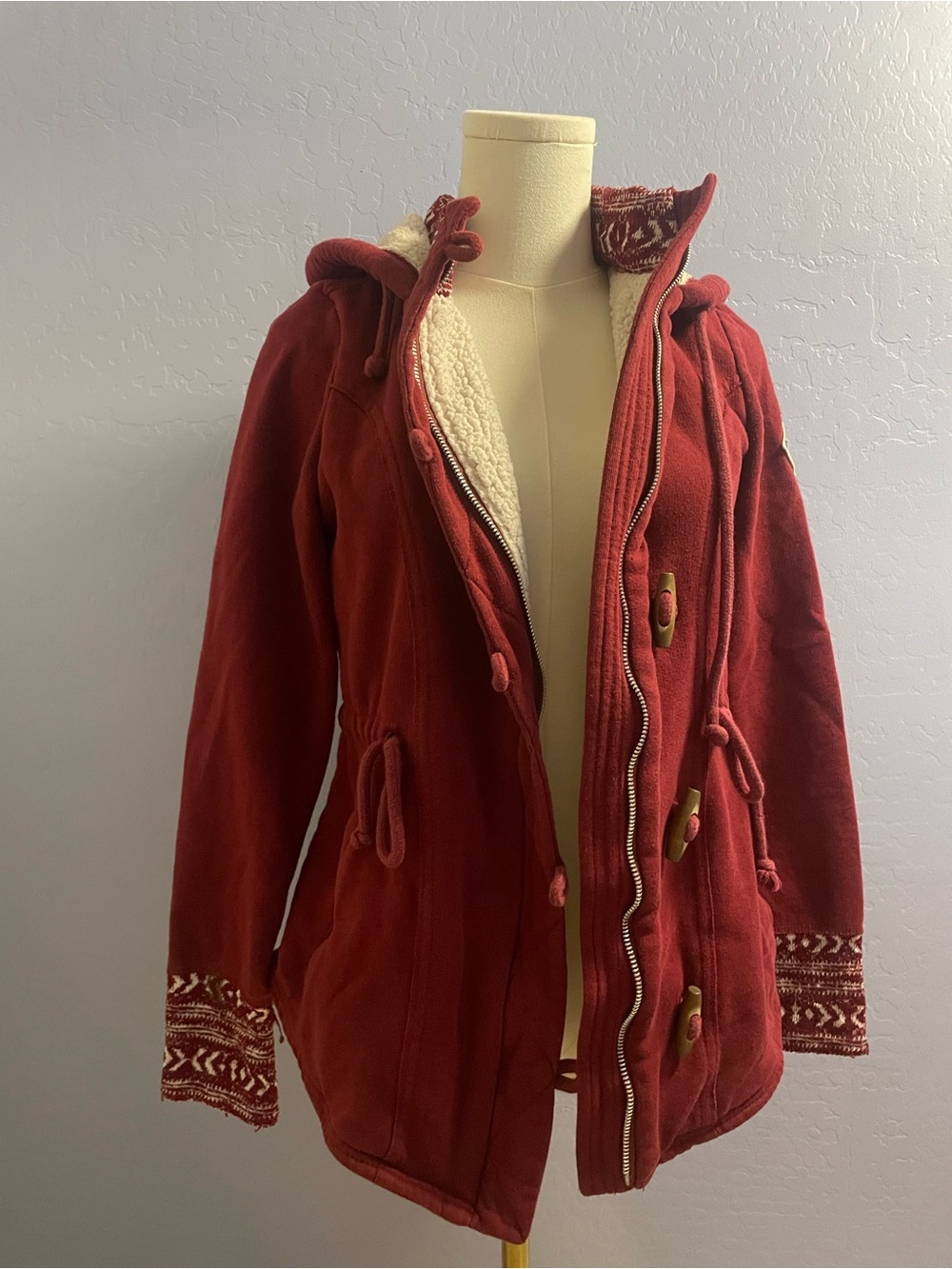 Hollister Cozy Red Hooded Toggle Jacket with Sherpa Lining
